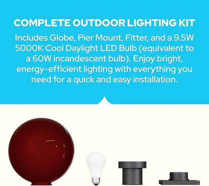 KASTLITE 12" Globe Pier Mount Outdoor Lighting with LED Lamp | UV & Waterproof Pillar & Column Lights | Deck Driveway Yard Patio & Garden Fixture | Made in USA | Bronze Cover, Black Basic Base