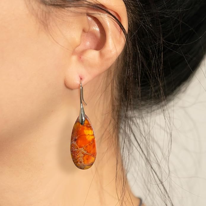 Natural Healing Stone Fishhoop Dangle Drop Earrings Statement Gold silver earrings