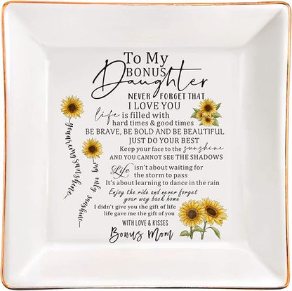 SUNBMO To My Bonus Daughter Jewelry Trinket Dish, white
