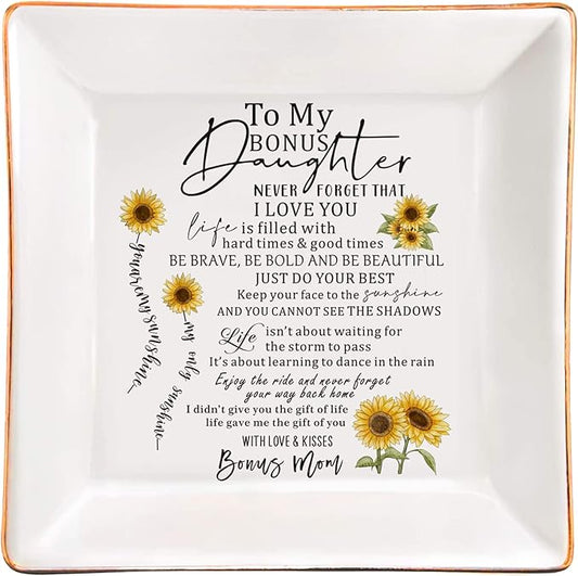 SUNBMO To My Bonus Daughter Jewelry Trinket Dish, white