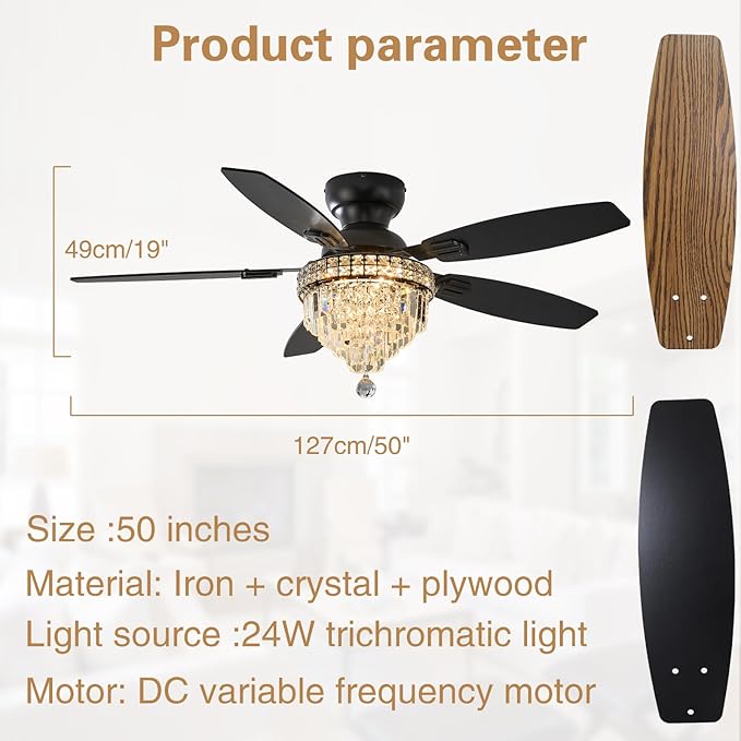 Crystal Ceiling Fan Fandelier with Lights-Ceiling Fans,50" Low Profile and Remote Control, Flush Mount, Reversible, Dimmable, Noiseless,Ceiling Fan for Bedroom（Black）