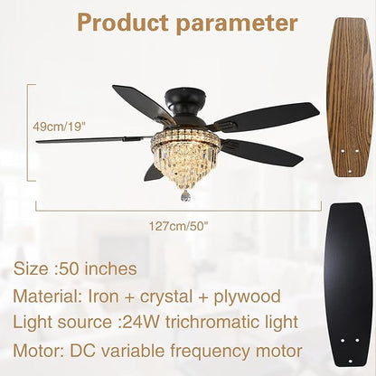 Crystal Ceiling Fan Fandelier with Lights-Ceiling Fans,50" Low Profile and Remote Control, Flush Mount, Reversible, Dimmable, Noiseless,Ceiling Fan for Bedroom（Black）
