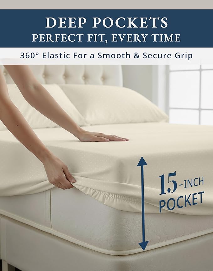 100% Egyptian Cotton Sheet Set Queen Size – Silky Sateen Weave Queen Sheet Set for Winter Sleep Comfort, 15" Snug Fit Deep Pocket, Breathable Hotel-Quality Soft Luxury You Can Feel - Swiss Dot Ivory