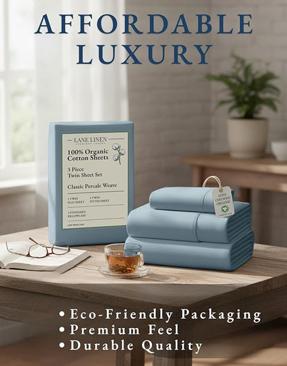 LANE LINEN 100% Organic Cotton Twin Bed Sheet Set, Mercerized Fully Elasticized Eco Friendly Sustainably Produced Bedding Sheets & Pillowcase Set, 15" Deep Pocket Twin Sheets - French Blue