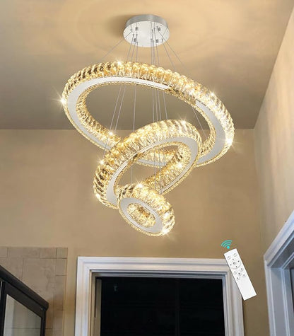 3 Rings LED Chandelier Modern Dimmable Dining Room Chanderliers Entryway Crystal Pendant Lights for Kitchen Bedroom Living Room Silver Light