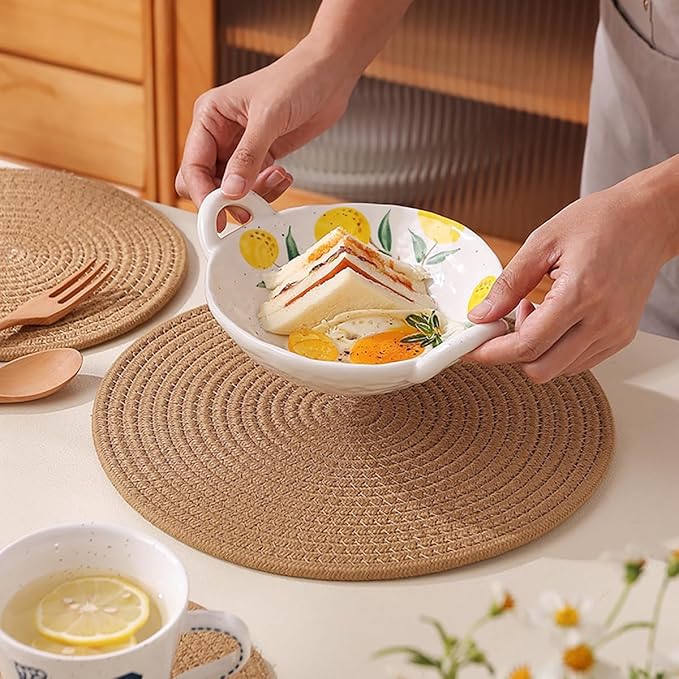 6 Pack Jute Woven Placemats, 13.8 inches Braided Charger Plates Round Rattan Placemats Vintage Tablemats Wicker Tablemats Boho Heat Resistant Mats for Weddings Indoor & Outdoor Party