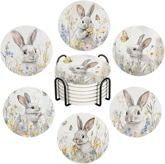 6Pcs Drink Coasters with Holder, Easter Lovely Rabbits Flowers Absorbent Ceramic Drink Coaster with Cork Base, Home Bar Table & Office Decor House Warming Gift