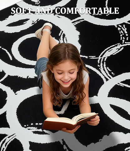 YIHOUSE Black Modern Geometric Area Rug 6x9, Black and White Rug with Abstract Circles,Non-Shedding Washable Rugs for Bedroom, Home Office and Living Room