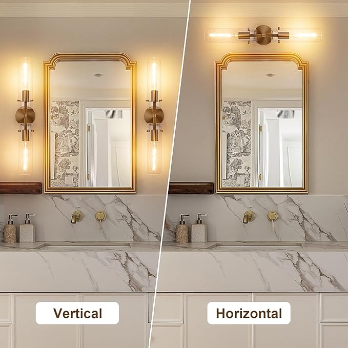 Brass Gold 2-Light Knurled Wall Sconce, Dual-Head Vanity Lamp with Clear Glass Tube, Bathroom Wall Sconces, Wall Lights for Living Room Bedroom Hallway Kitchen Bathroom Mirror