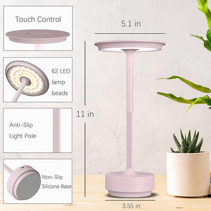Rechargeable Cordless Table Lamps, 5000mAh Portable LED Table Light, 3 Color Stepless Dimming Battery Powered Metal Table Lamp for Outdoor Patio/Bedroom/Restaurant.(Light Pink)