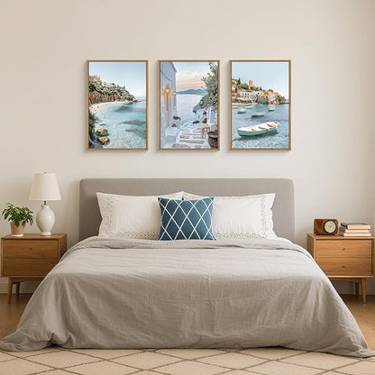 Natural Coastal Ocean Framed Canvas Wall Art Set,Modern Whitewashed Architecture Scenery Wall Decor, Mediterranean Beach Boat Landscape Artwork for Living Room, Bedroom,Farmhouse- 16"x24"x3
