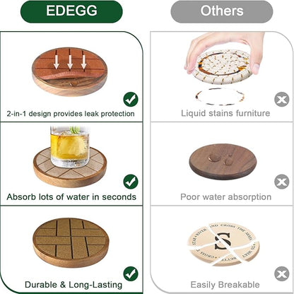 Coasters for Drinks Absorbent 5 Pack, Wood & Felt, Non-Slip, Non-Stick, Brown, Round, 4.3 Inch