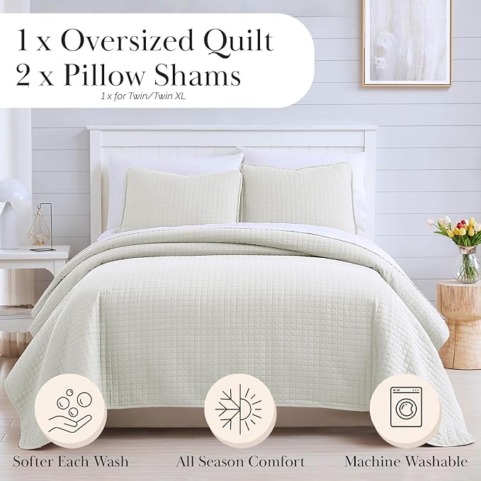 Southshore Fine Living, Inc. Full/Queen Size Quilt Bedding Set, Wrinkle-Free Stain & Pet Hair Resistant Bedding, Coverlet Bedspreads Queen Size/Full Size Bedspread with 2 Pillow Shams, Cream