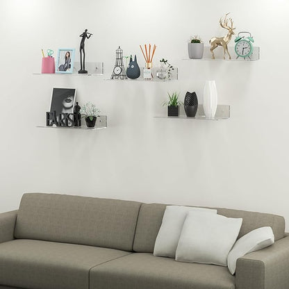 15 Inches Clear Acrylic Shelves, Wall Mounted Shelves for Bedroom, Wall Display Shelves for Collectibles, Funko Pop, Speaker, Plants, Space Saver, Wide Application, 4 Pack