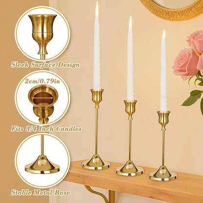 Candlestick Holders, 6 PCS Brass Gold Metal Taper Candle Holder with Adhesive Wax fits 3/4 Inch Long Candles, Vintage Modern Candle Holders for Table Mantel Wedding Housewarming Gift
