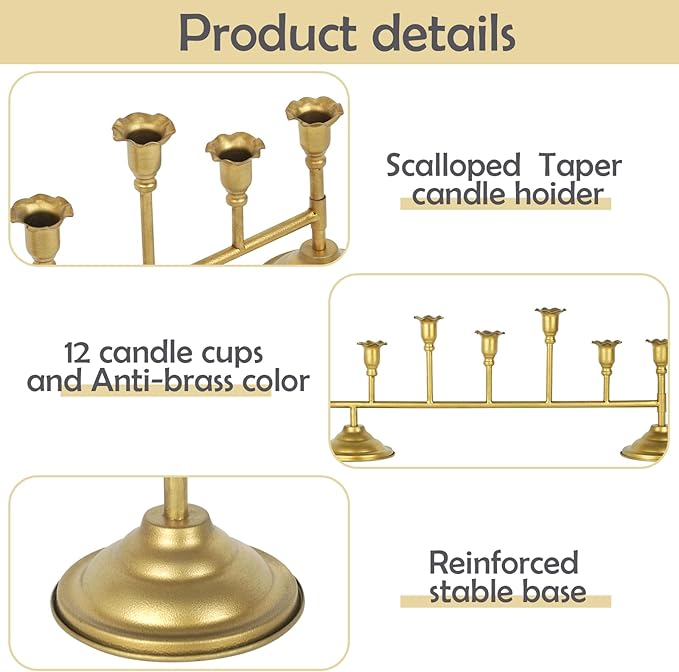 Scalloped Gold 12ct Taper Holder Candelabra Antique Finish Christmas Vintage Scalloped Taper Candle Holder Farmhouse Candle Holder Decor Wedding, Dinning, Party (Antique Brass)