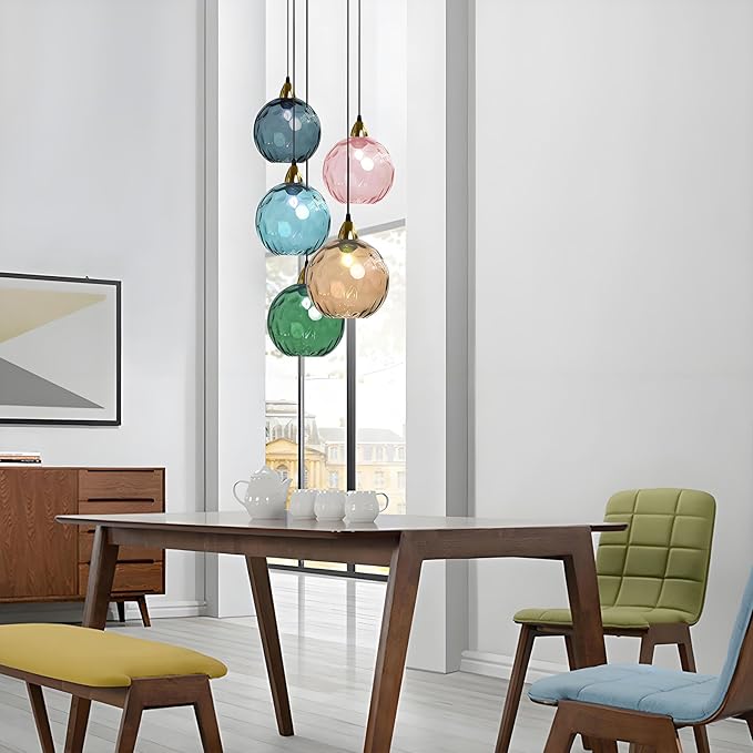20cm/7.9’’ Industrial Vintage Spherical Glass Pendant Light, E26 Ceiling Hanging Lamp, Gold Finish & Ripple Glass Globe Shade, Dining Room Bedroom Chandelier (Green)