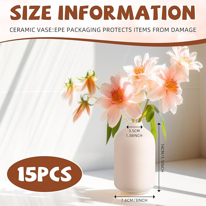 Tioncy 15 Set 5.5"*3" White Ceramic Bud Vases Bulk Boho Valentine's Day Decoration Centerpieces Small Flower White Ceramic Vases for Dry Flowers Pampas Grass Home Wedding DIY Table Decor