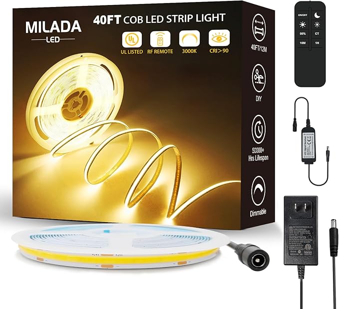 COB LED Strip Light 3000K 40FT/12M Warm White LED Strip Dimmable High Lumen Strip with RF Remote 24V UL Certified Adapter Suitable Adhesive Indoor COB LED Strip for Bedroom Living Room, Shelf, Cabinet
