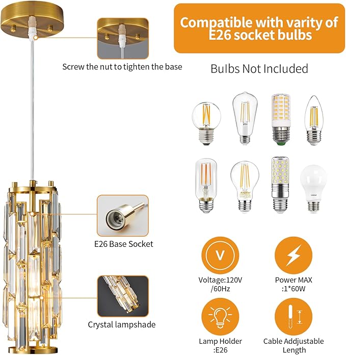 Pendant Lights Modern Gold Pendant Light Mini Crystal Chandelier Pendant Lighting for Kitchen Island Dinning Room Bedroom Kitchen Sink Lighting (Gold 2-Pack)