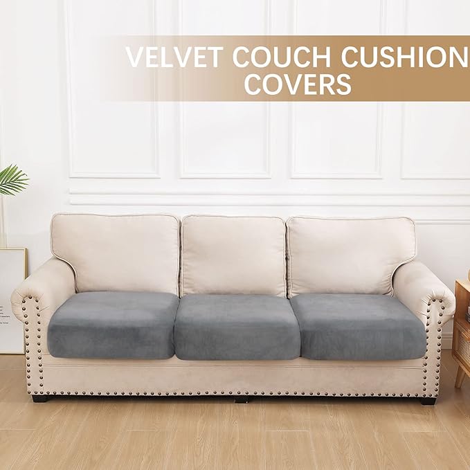hyha Velvet Couch Cushion Covers, Soft Sofa Seat Covers for sectional 3 Cushion Couch Washable, Magic Sofa Slipcover with Elastic Bottom, Non-Slip Furniture Protector for Pets, Kid(3PC, Grey)