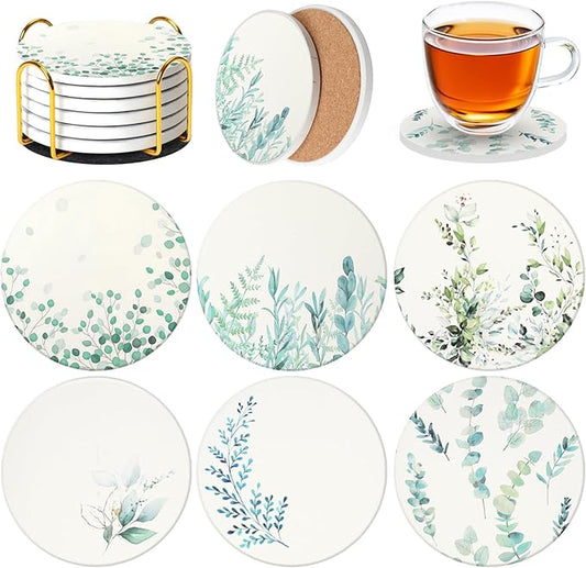 Ceramic Coasters Set of 6 with Holder, Botanical Style, Absorbent Drink Coaster Set for Home Decor, Cups, Mugs and Glasses