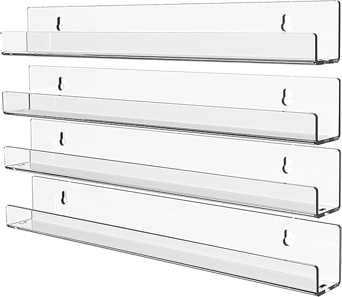 4 Pack Vinyl Record Wall Display,15" Acrylic Invisible Floating Bookshelf for Kids Room,Clear Wall Mounted Hanging Book Shelves,Modern Picture Ledge Display and Album Vinyl Wall Mount Shelf