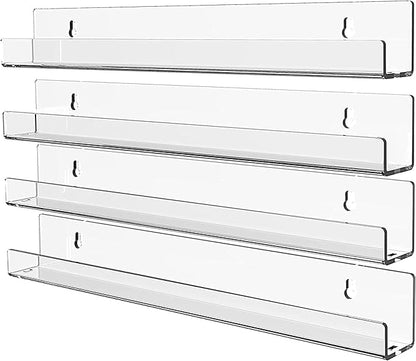 4 Pack Vinyl Record Wall Display,15" Acrylic Invisible Floating Bookshelf for Kids Room,Clear Wall Mounted Hanging Book Shelves,Modern Picture Ledge Display and Album Vinyl Wall Mount Shelf