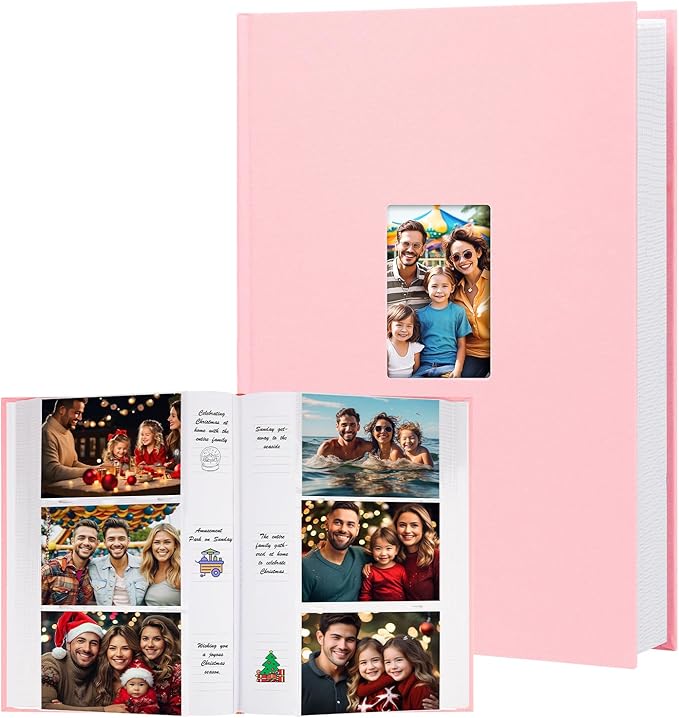 XFveiwoo Photo Album 4x6 450 Photos with Writing Space,4 x 6 Photo Book Linen Cover with Front Window, 4x6 Picture Album 450 Photos Photo Album Book for Wedding Kids Travel Family Baby Pictures, Pink