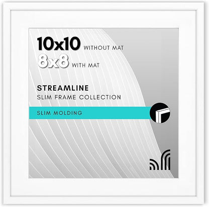 Americanflat 10x10 Picture Frame with Shatter-Resistant Glass - Use as 8x8 Frame with Mat or Display 10x10 Photo Without Mat - Streamline Collection - Square Frames for Tabletop or Wall - White