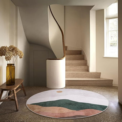 5ft Abstract Round Rug,Chic Washable Non-Slip Sun and Mountain Area Circle Rug,Soft Low-Pile Circle Throw Rugs for Living Room Sofa Kids Room Decor(Grey)