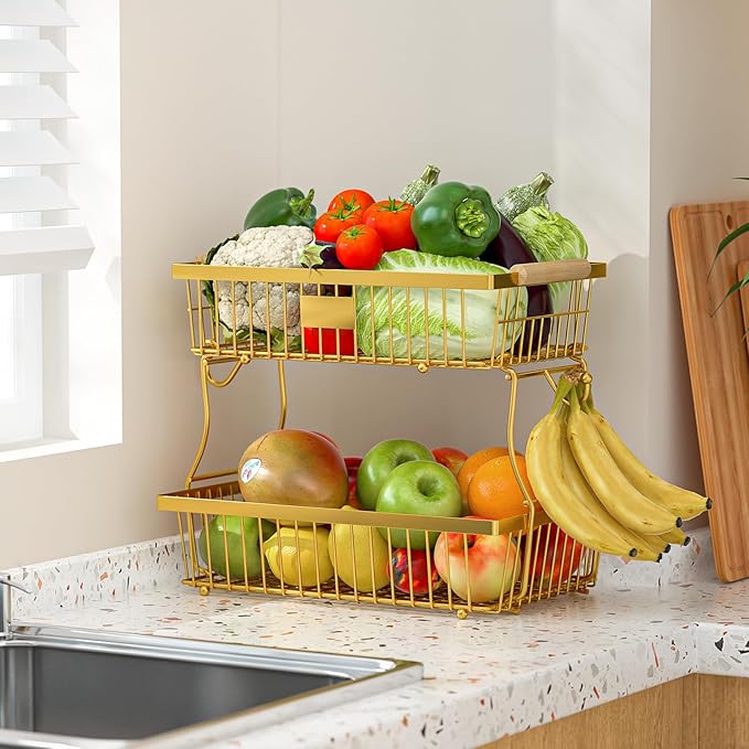 2 Tier Fruit Basket for Kitchen Counter with 2 Banana Hangers, Countertop Metal Fruit Bowl with Wooden Handle, Large Storage Stand for Vegetables, Snacks, Breads, Produce Storage – Gold