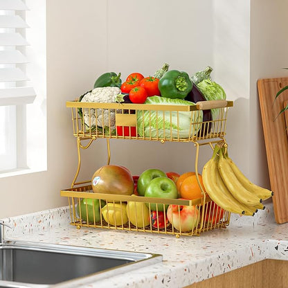 2 Tier Fruit Basket for Kitchen Counter with 2 Banana Hangers, Countertop Metal Fruit Bowl with Wooden Handle, Large Storage Stand for Vegetables, Snacks, Breads, Produce Storage – Gold