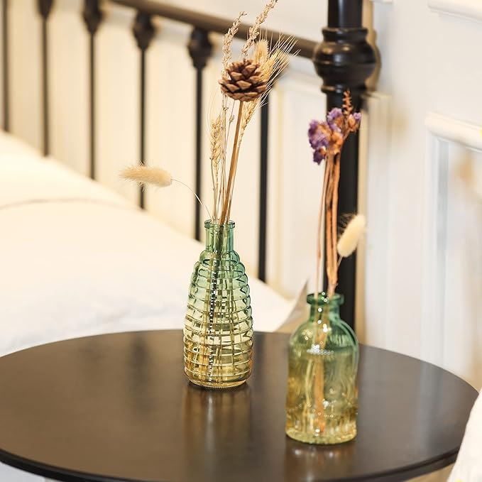 Joeyan Small Embossed Glass Bud Vase Set of 3,Green and Amber Colored Rustic Decorative Vase for Single Flower and Dry Flowers