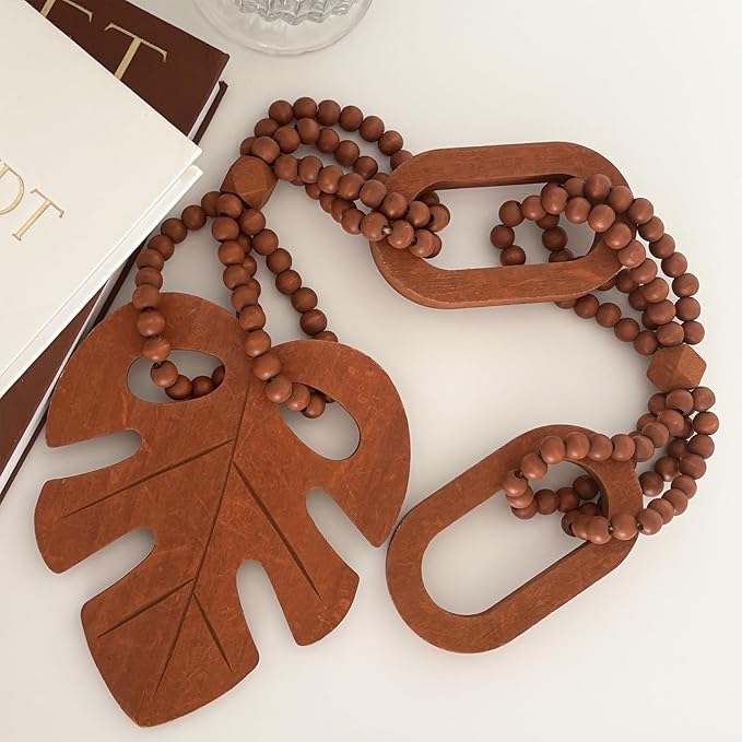 Unique Wood Beads with Chain Link and Leaf, Decorative Beads Home Decor, Knot Beaded Garland Decor, Housewarming Gift, Brown