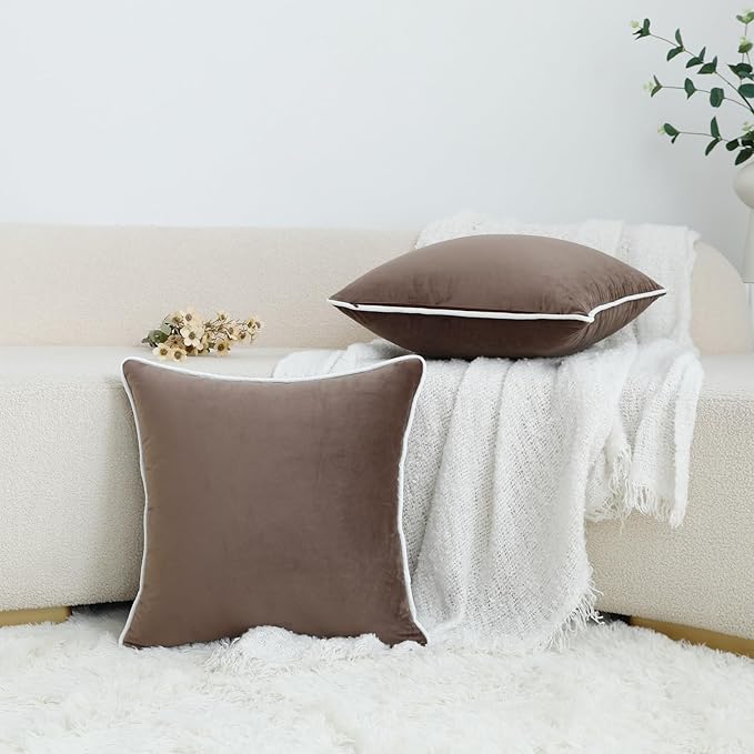 LIGICKY Set of 2 Light Brown Throw Pillow Covers Modern Minimalist Style Solid Decorative White Rope Edging Soft Square Cushion Cases for Sofa Bedroom Party Décor, 18 x 18 inch