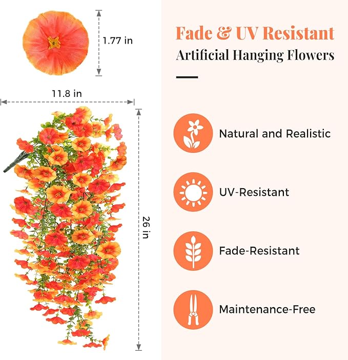 2 PCS Artificial Hanging Fall Flowers for Outdoor Decoration, UV Resistant Realistic Silk Morning Glory with Eucalyptus for Autumn Home Decor Porch Balcony Garden Planter(Orange Yellow)