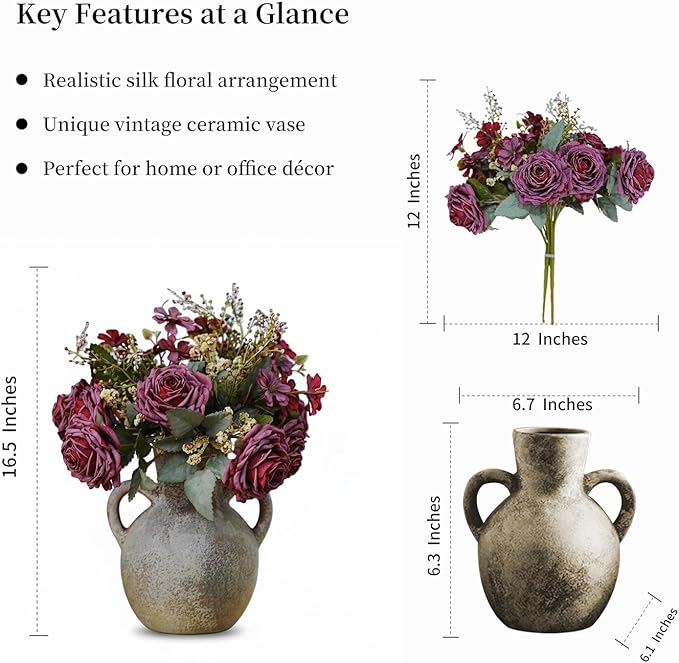 Retro-Style vase, Artificial Faux Flower Bouquet for Home Decor Indoor Fake Bouquet Faux Floral Arrangements Dining Table Centerpieces for Kitchen(Terracotta)