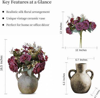 Retro-Style vase, Artificial Faux Flower Bouquet for Home Decor Indoor Fake Bouquet Faux Floral Arrangements Dining Table Centerpieces for Kitchen(Terracotta)