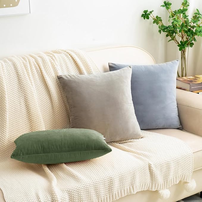 HWY 50 Moss Green Velvet Throw Pillow Covers 18x18 Inch, Pack of 2 Soft Cozy Solid Decorative Luxury Cushion Cases for Couch Sofa Bed Living Room Bedroom