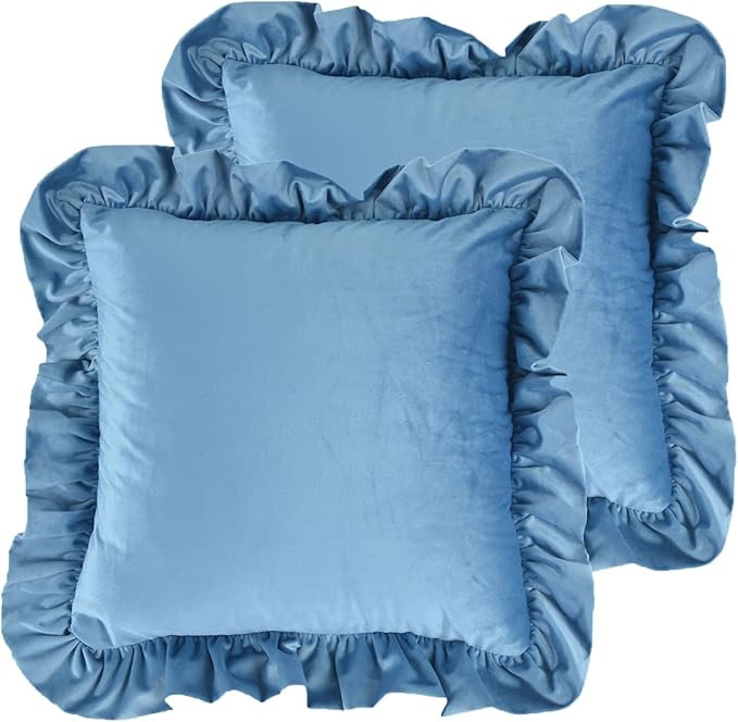 Velvet Ruffle Throw Pillow Covers Couch, Set of 2 Decorative Pillowcases with Ruffles 18x18 Inch Solid Color Shabby Chic Farmhouse Cushion Cover for Living Room Sofa Bed, Slate Blue