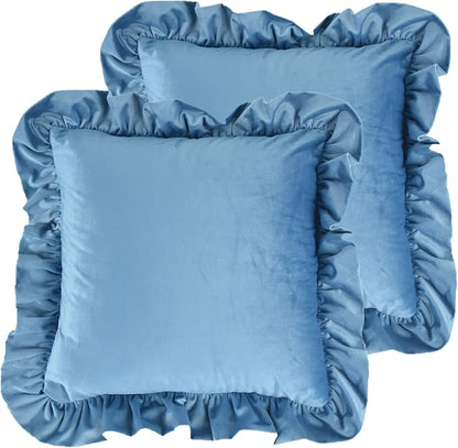 Velvet Ruffle Throw Pillow Covers Couch, Set of 2 Decorative Pillowcases with Ruffles 18x18 Inch Solid Color Shabby Chic Farmhouse Cushion Cover for Living Room Sofa Bed, Slate Blue