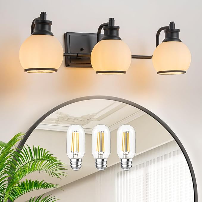 3 Light Modern Bathroom Light Fixtures Over Mirror (LED Bulbs Included), Black Vanity Lights for Bathroom Wall Sconces with Milky White Globe Glass Shades