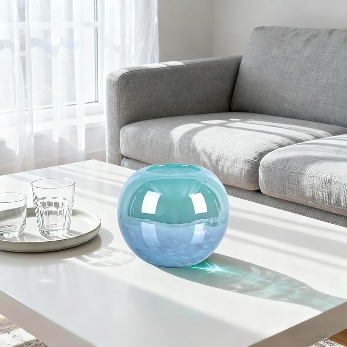 Teal Glass Vase – 7.1in Hand Blown Wide Mouth Art Glass Vase – Turquoise Decorative Vase for Flowers, Centerpieces, Bookshelf, Bathroom, Dining Table or Living Room Display