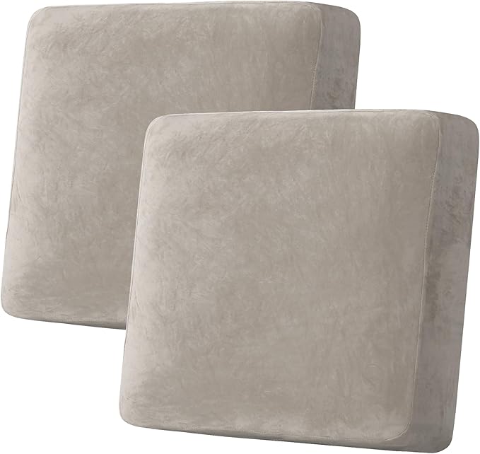 H.VERSAILTEX Velvet Stretch Couch Cushion Cover Plush Cushion Slipcover for Chair Loveseat Sofa Cushion Furniture Protector Seat Cushion Sofa Cover (2 Piece Large Sofa Cushion Covers, Oatmeal)