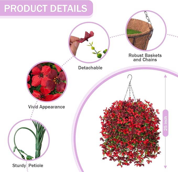Artificial Hanging Flowers Plants with Basket for Outdoors, Realistic Faux Silk Daisy Flower Eucalyptus for Spring Decor, UV Resistant Fake Plants for Porch Patio Yard Balcony, Red Brown