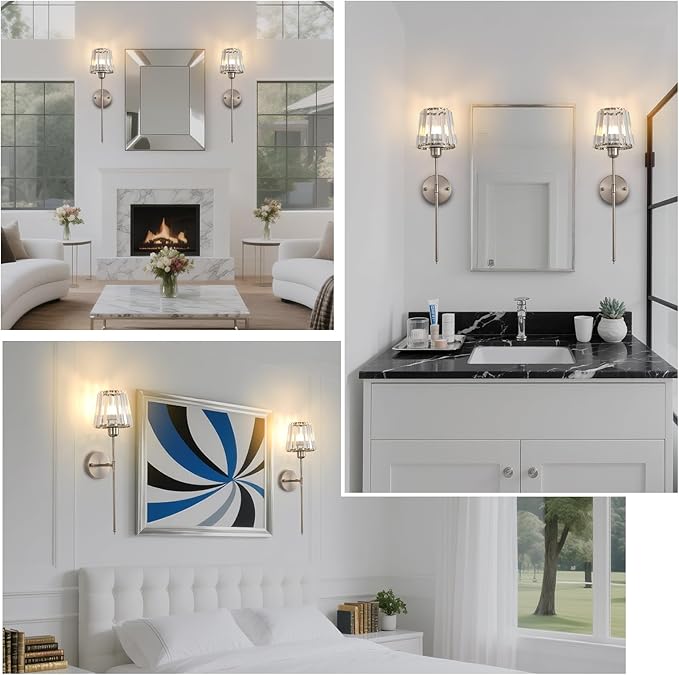 Battery Operated Crystal Wall Sconce Set of 2, Brushed Nickel Wireless Wall Light with Remote Control, LED Dimmable 15 Colors USB Rechargeable Light Bulbs Wall Lamp for Bedroom Living Room Hallway