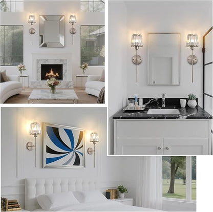 Battery Operated Crystal Wall Sconce Set of 2, Brushed Nickel Wireless Wall Light with Remote Control, LED Dimmable 15 Colors USB Rechargeable Light Bulbs Wall Lamp for Bedroom Living Room Hallway