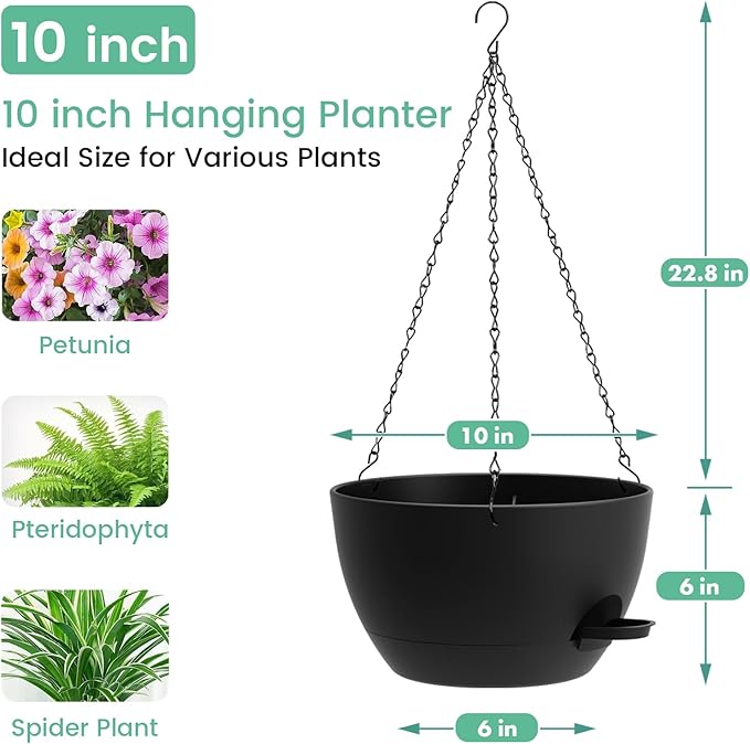 Set of 3-10 Inch Self Watering Hanging Planters for Indoor & Outdoor，Hanging Plant Pots with Drainage & Removable Tray, Modern Hanging Pots Holder for Ivy, Spider Plants, Ferns, Balcony & Patio, Black