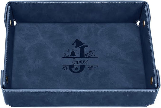 Engraved Christmas Blue Leather Valet Tray – Personalized Rectangle Catchall Organizer for Wallet, Keys, and Jewelry – Gift for Men, Dad, Couples – Dresser Top or Coffee Table Tray Decor